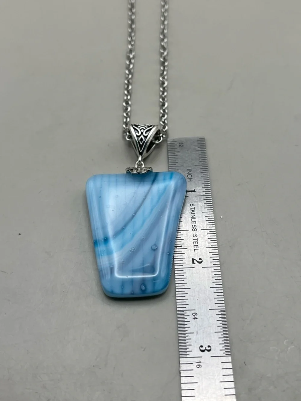 Handmade Fused Glass Pendant Necklace Signed Blue Swirl Silver Tone Chain